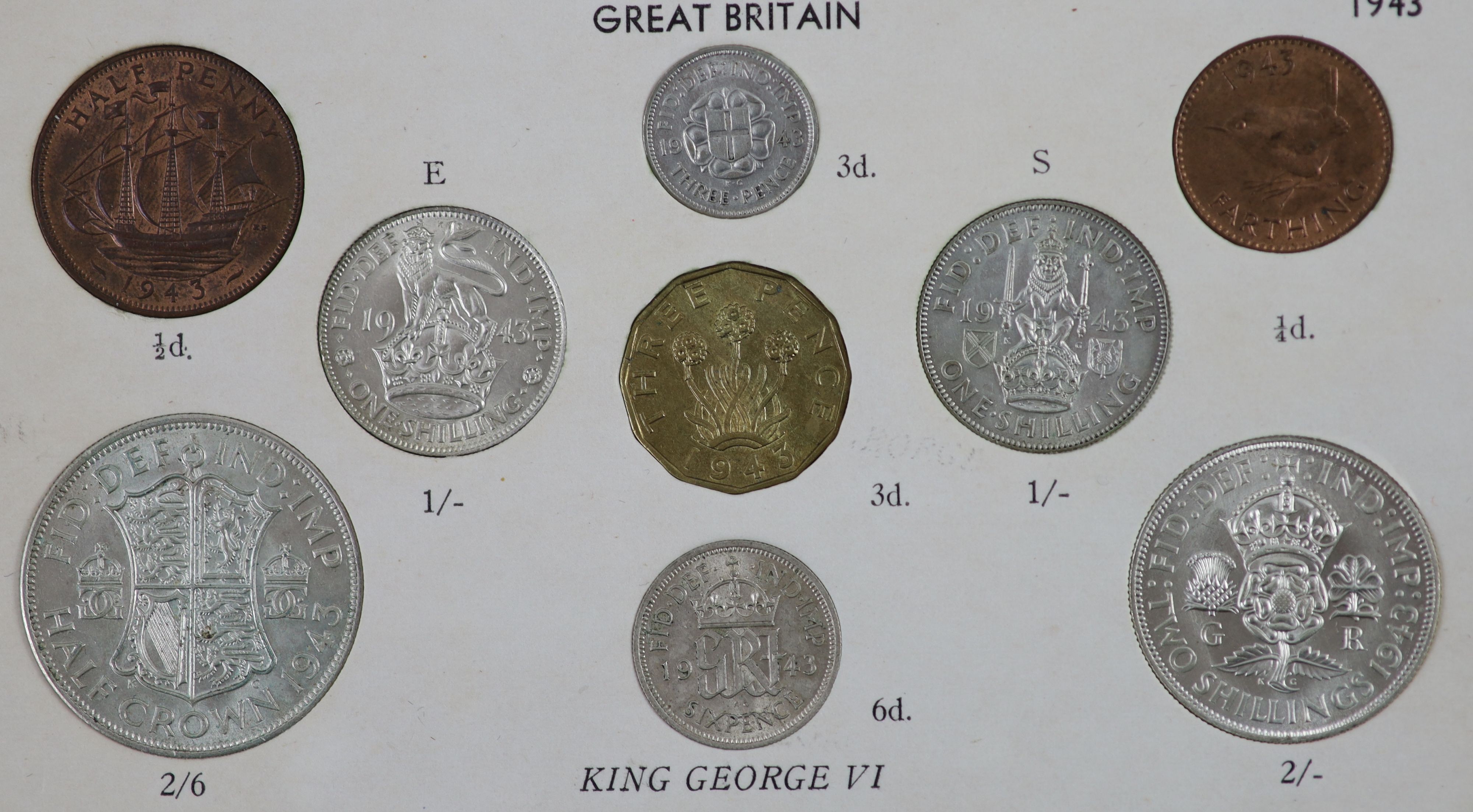 George VI specimen coin sets for 1938, 1939, 1940, 1941, 1942 and 1943, first coinage, the majority about EF or better